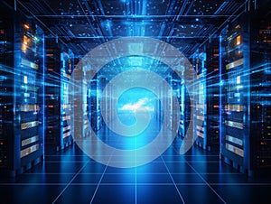 Abstract data center background, database in terminal storage. Hardware server room, cloud computing