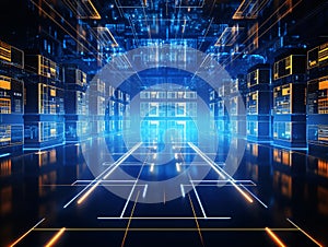 Abstract data center background, database in terminal storage. Hardware server room, cloud computing, networking and hosting in