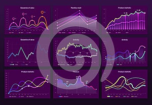 Abstract data charts. Statistic graphs, finance line chart and marketing histogram graph infographic vector set