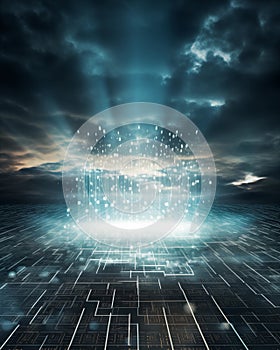 Abstract data cloud floating over a hexagonal matrix