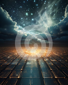 Abstract data cloud floating over a hexagonal matrix