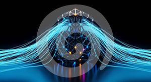 Abstract data core emits brilliant blue light streams