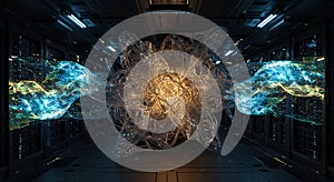 Abstract data flow in a dark sci-fi corridor