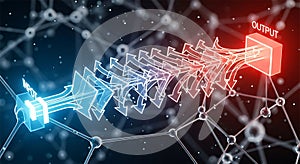 Abstract data flow visualization with arrows connecting input and output nodes in network