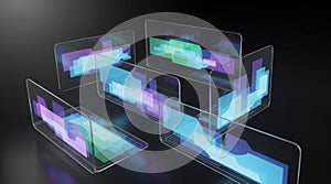 Abstract data flow visualization on floating transparent screens digital interface concept