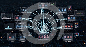 Abstract data flow visualization with interconnected nodes and digital network paths
