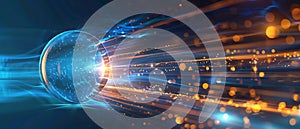 Abstract data flow visualization with particle streams, central sphere, and high-tech innovation