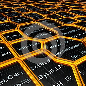 Abstract data grid visualization with hexagonal cells, code overlay, futuristic design