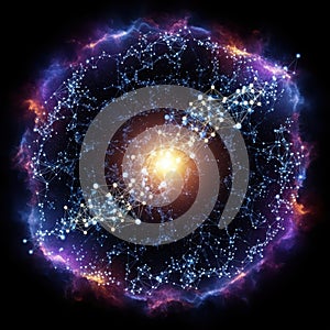 Abstract data network with glowing core and nebula elements