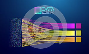 Abstract data sorting visualization with colorful digital streams, binary code, and structured data flow on a dark background