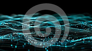 Abstract Data Stream: Futuristic Tech Background With Flowing Blue Particle Waves, AI Visualization, Quantum Computing Concept
