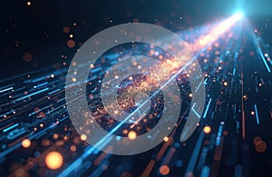 Abstract data stream with glowing particles, lines creating cosmic digital environment. Dynamic background for tech, science