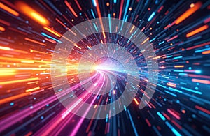 Abstract data stream tunnel, digital high-speed transfer. Glowing neon light trails, geometric perspective structure. Cyber
