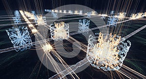 Abstract Data Stream Visualization with Glowing Nodes and Interconnected Network Structure in Cyberpunk Style