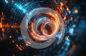 Abstract Data Tunnel with Glowing Blue and Orange Light Patterns