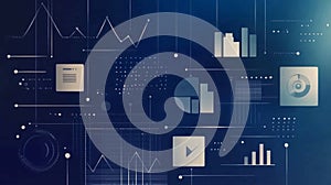 Abstract data visualization in blue tones with various chart icons and graphs.