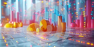 Abstract data visualization with colorful 3D graphs and charts, representing financial analysis