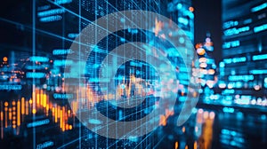 Abstract data visualization with digital cityscape overlay