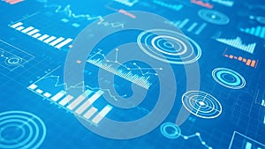Abstract data visualization with digital graphs for analysis in blue theme color
