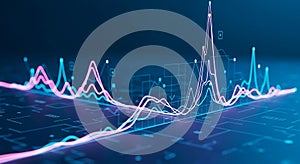 Abstract data visualization with dynamic line graph and digital landscape