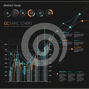 Abstract data visualization features a combination of bar and line graphs on a dark