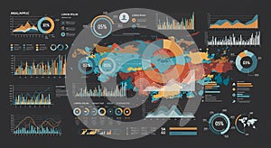 Abstract data visualization featuring an array of charts and graphs on a dark