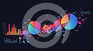Abstract data visualization featuring colorful pie charts, bar graphs, and line graphs
