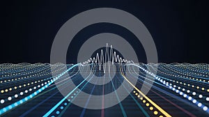 Abstract data visualization with flowing lines and oscillating wave pattern on a dark background