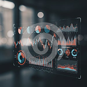 Abstract data visualization with a futuristic interface featuring multiple charts and