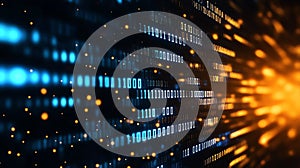 Abstract data visualization with glowing binary code and bright particles in background