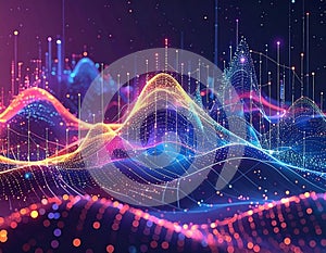 Abstract data visualization glowing lines forming peaks and valleys on dark background