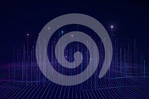 Abstract data visualization with glowing lines and particles on a dark blue background creating a futuristic digital landscape