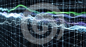 Abstract data visualization with glowing particles and lines, digital waves graph