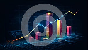 Abstract Data Visualization with Gradient Blue Bar Graph and Vibrant Line Chart on Dark Backdrop