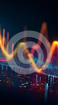 Abstract data visualization: luminous waveforms and network connectivity display