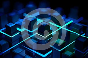 Abstract Data Visualization With Neon Grid And Cubes