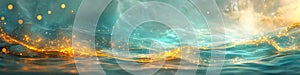 Abstract data visualization, turquoise graph lines with golden connected nodes, perspective view.