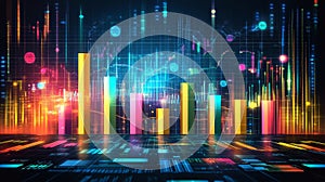 Abstract Data Visualization, Vibrant Bar Graph, Line Chart On Dark Backdrop, Modern Technology