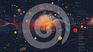 Abstract data visualization with wavy lines and glowing particles on dark background showcasing technology and scientific concepts