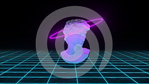 Abstract David`s bust with neon gloving light on grid background. Banner design. Retrowave, synthwave, vaporwave photo