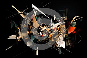 abstract, deconstructed and fragmented shapes on a black background