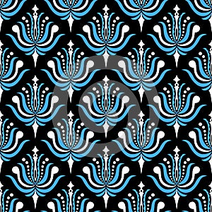 Abstract decorative blue and white ornamental damask pattern