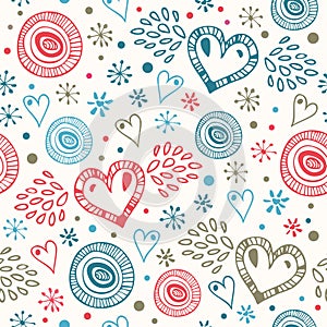 Abstract decorative seamless background with fly hearts. Endless doodle pattern