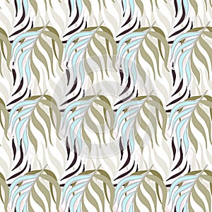 Abstract decorative seamless pattern with light leaves branches print. Blue background. Simple style