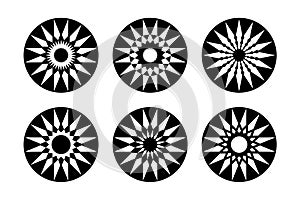 Abstract Decorative Stars Icons. Circle Design Elements. Radial Patterns Set