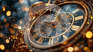 Abstract defocused background of a clock and golden fireworks - Countdown To Midnight - 2024 New Year
