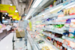 Abstract Defocused Blurred of Consumer Goods and Shopping Cart in Supermarket Store, Shop Trolley Basket in Department Store.