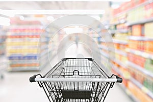 Abstract Defocused Blurred of Consumer Goods and Shopping Cart in Supermarket Store, Shop Trolley Basket in Department Store.