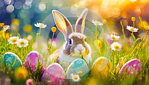 Abstract Defocused Easter Scene - Ears Bunny Behind Grass And Decorated Eggs In Flowery Fiel