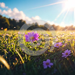 Abstract Defocused Spring - Purple Daisies And Butterfly On Grass In Sunny Field made with Generative AI